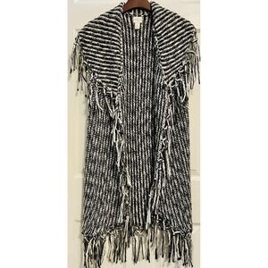 Chico's Size 2 Black White Wool Blend Knit‎ Drama Fringe Nolan Long Sweater Vest